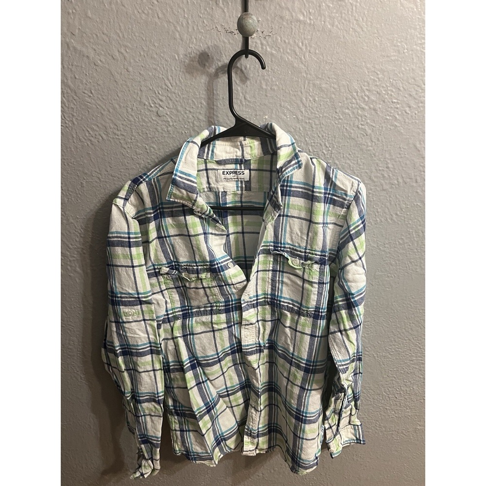 Express Long Sleeve Shirt Size Small White Blue & Green Plaid Button Up Mens‎